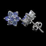 2ct Stud Earrings Round Cut Blue Tanzanite Floral Cluster 14k White Gold Finish