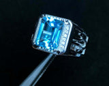 3.5ct Emerald Cut Blue Topaz Diamond Halo Engagement Men Ring 14k WhiteGold Over