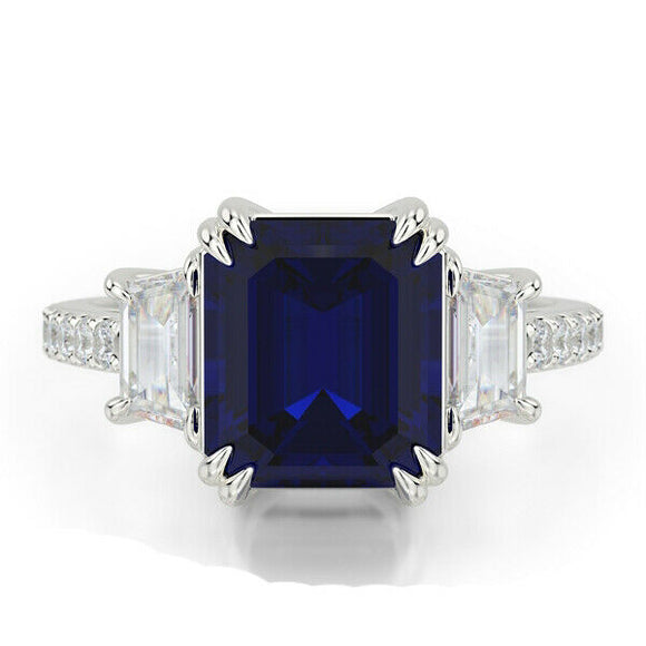 3ct Emerald Cut Blue Sapphire Engagement Ring Diamond Trilogy 14k WhiteGold Over