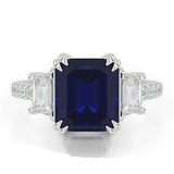 3ct Emerald Cut Blue Sapphire Engagement Ring Diamond Trilogy 14k WhiteGold Over