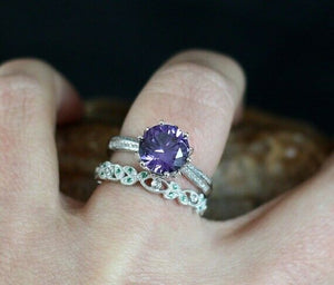 3Ct Round Purple Amethyst Emerald Vintage Band Bridal Set 14K White Gold Finish