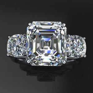 4ct Asscher Cut Diamond Engagement Ring 14k WhiteGold Over Round Accents Trilogy