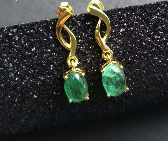 1ct Drop Earrings Oval Cut Green Emerald Stylish 14k Yellow Gold Finish