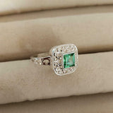 1ct Engagement Ring Asscher Cut Emerald Vintage Inspired 14k White Gold Finish