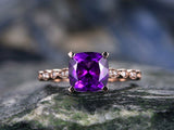 1.4Ct Cushion Cut Purple Amethyst Diamond Accent Promise Ring 14K Rose Gold Over