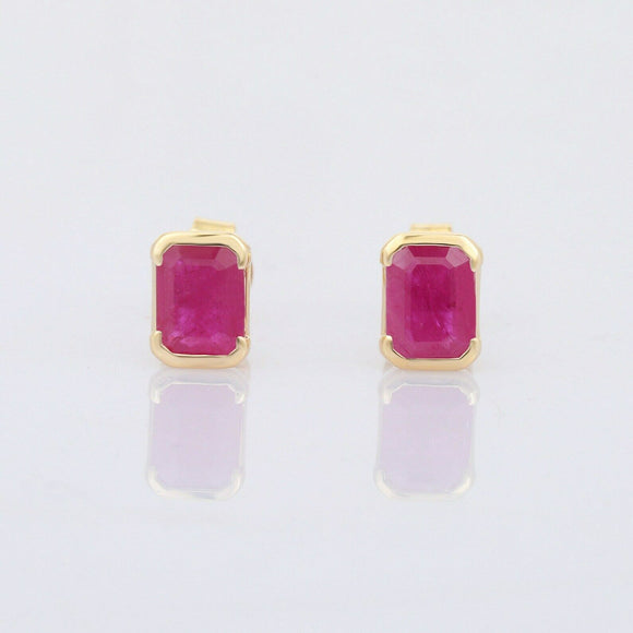 1.2ct Stud Earrings Emerald Cut Pink Ruby Solitaire Design 14k YellowGold Finish