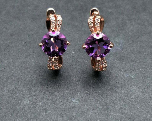 2.6ct Drop Earrings Round Cut Purple Amethyst Split Shank 14k Rose Gold Finish