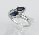 1ct Pear Cut Blue Sapphire ByPass 2 Stone Engagement Ring 14k White Gold Finish