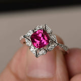 1.5ct Cushion Cut Pink Ruby Engagement Ring 14k White Gold Finish Floral Women