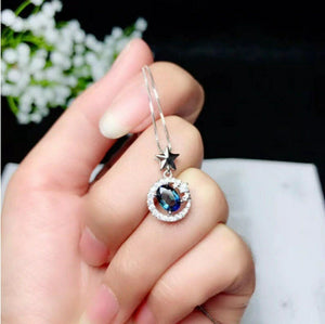 1.2ct Blue Sapphire Pendant Oval Cut Star Moon 14k White Gold Finish NO CHAIN