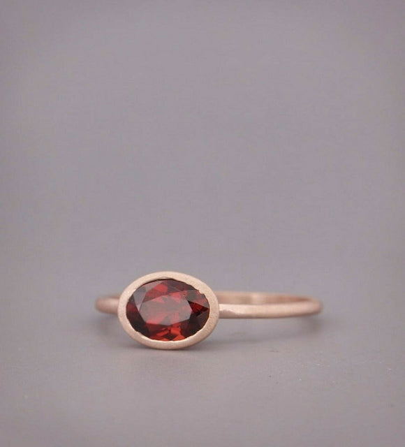 1ct Oval Cut Red Garnet Engagement Ring Bezel Set Solitaire 14k Rose Gold Finish