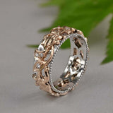 Couple Band Filigree Engagement Ring 1ct Round Cut Diamond 14k Dual Gold Finish