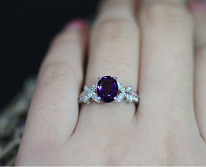 2ct Oval Cut Purple Amethyst Engagement Ring 14k White Gold Finish Floral Design