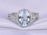 3ct Oval Cut Blue Aquamarine Engagement Ring Diamond Halo 14k White Gold Finish