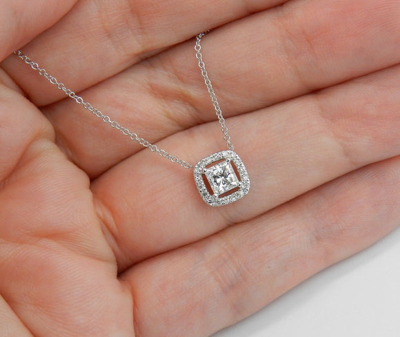 1ct Princess Cut VVS1 Diamond Halo Stylish Pendant 14k White Gold Over NO CHAIN