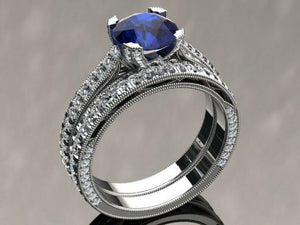 2.5ct Round Blue Sapphire Milgrain Accent Bridal Set Ring 14k White Gold Finish