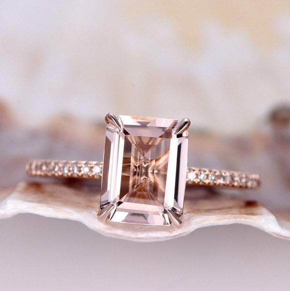 1ct Emerald Cut Peach Morganite Solitaire Engagement Ring 14k Rose Gold Finish