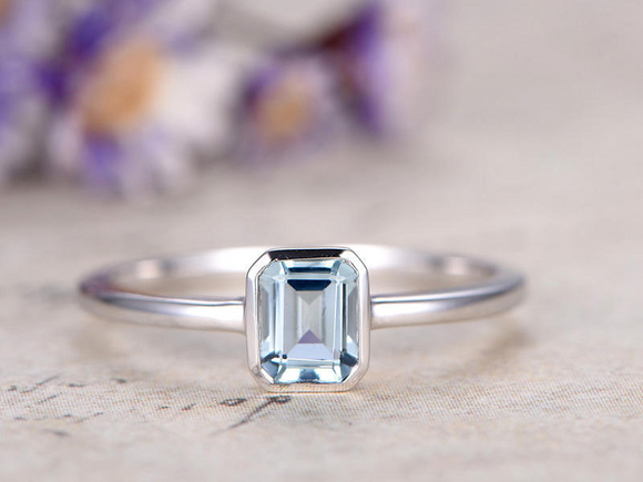 0.5ct Emerald Cut Blue Aquamarine Bezel Set Solitaire Ring 14k White Gold Finish