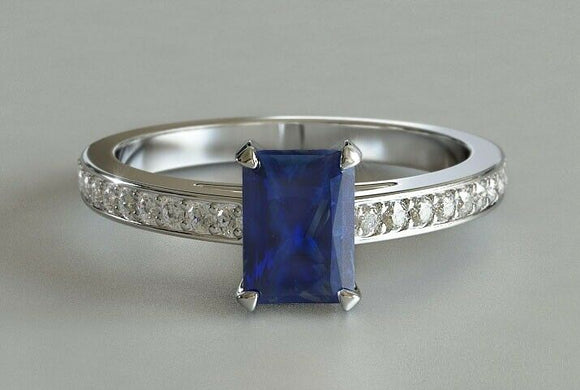 2ct Radiant Cut Blue Sapphire Engagement Ring Diamond Accent 14k White Gold Over