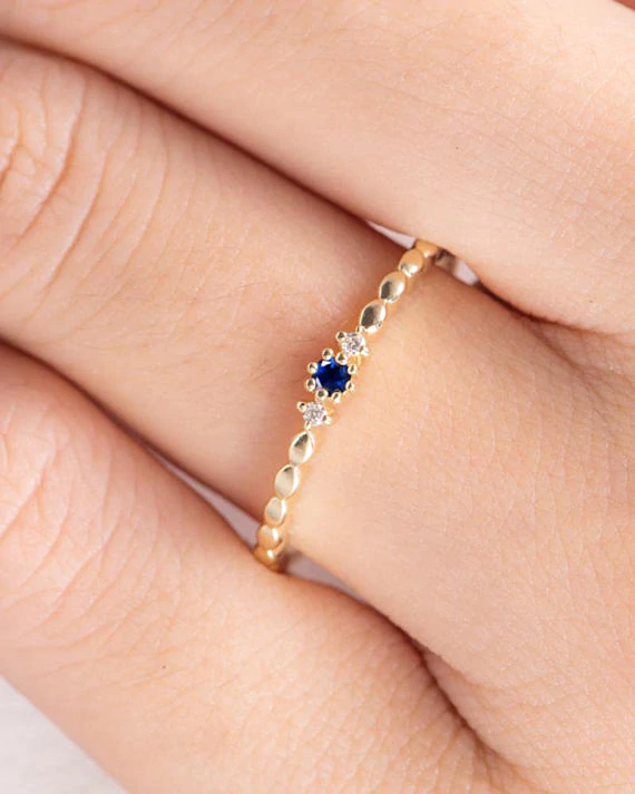 0.15ct Round Cut Blue Sapphire Engagement Ring Minimalist 14k Yellow Gold Finish