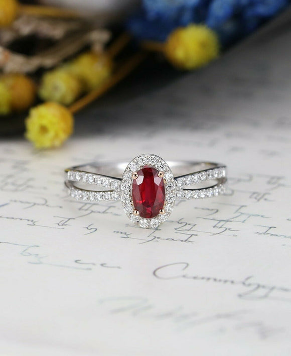 1.7ct Oval Cut Pink Ruby Engagement Ring Split Shank Halo 14k White Gold Finish