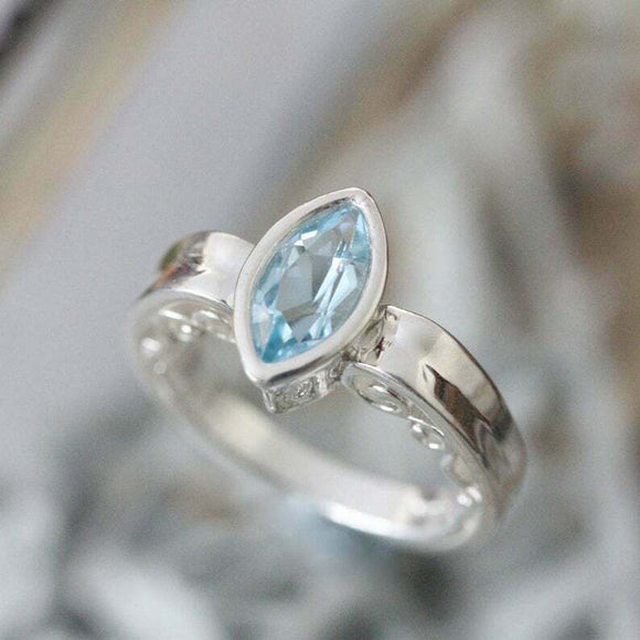 1ct Marquise Cut Blue Aquamarine Engagement Ring Bezel Set 14k White Gold Finish