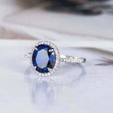 2.5ct Oval Blue Sapphire Engagement Ring Halo Diamond Accents 14k WhiteGold Over