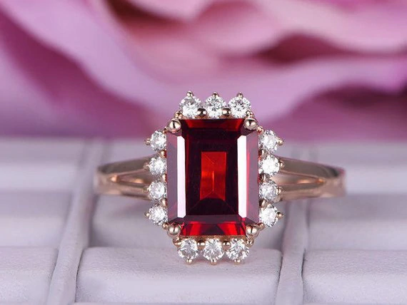 2ct Emerald Cut Red Garnet Engagement Ring Halo Split Shank 14k Rose Gold Finish