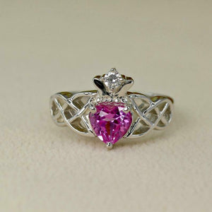 1ct Heart Cut Pink Sapphire Engagement Ring Double Knot Crown 14k WhiteGold Over