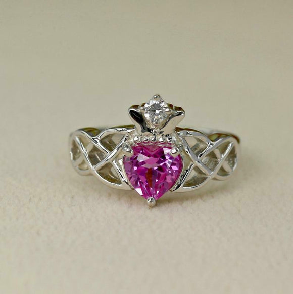 1ct Heart Cut Pink Sapphire Engagement Ring Double Knot Crown 14k WhiteGold Over