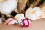 1.5ct Emerald Cut Pink Ruby Engagement Ring 14k WhiteGold Finish Trilogy Promise