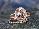 3Ct Oval Cut Peach Morganite Bridal Set Split Band Ring 14K Rose Gold Finish