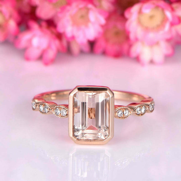 1.5ct Emerald Cut Peach Morganite Engagement Ring Bezel Set 14k Rose Gold Finish