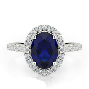 2.5ct Oval Cut Blue Sapphire Round Accent Diamond Halo Ring 14k WhiteGold Finish