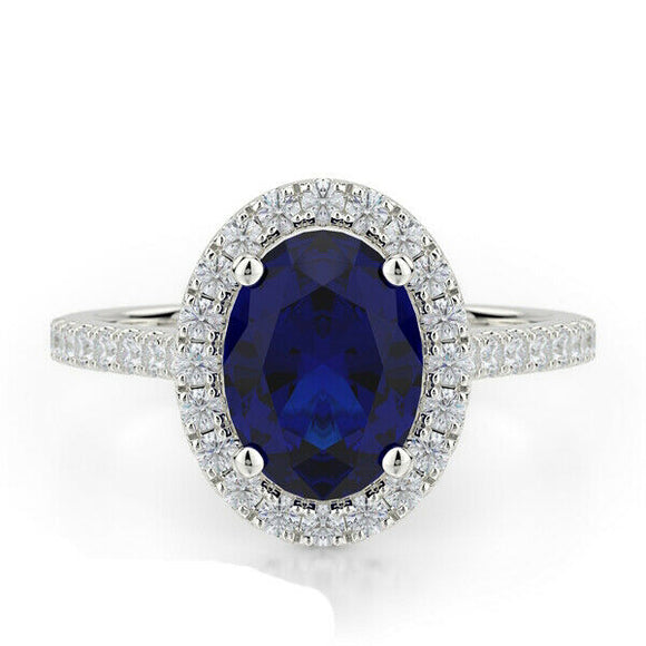 2.5ct Oval Cut Blue Sapphire Round Accent Diamond Halo Ring 14k WhiteGold Finish