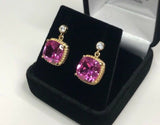 2.3ct Drop Earrings Cushion Pink Sapphire Beaded Solitaire 14k Yellow Gold Over