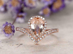 2ct Pear Cut Peach Morganite Engagement Ring 14k Rose Gold Finish Halo V Shape