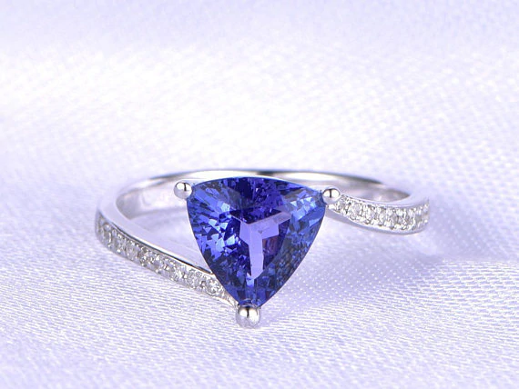 1.5ct Trillion Cut Blue Tanzanite Swirl with Accents Ring 14k White Gold Finish