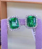 2ct Green Emerald Cut Simulated Halo Stud Earrings 14k White Gold Plated