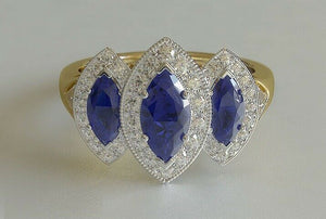 3ct Marquise Cut Blue Sapphire Engagement Ring Halo Vintage 14k Yellow Gold Over