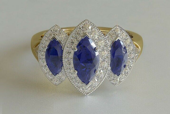 3ct Marquise Cut Blue Sapphire Engagement Ring Halo Vintage 14k Yellow Gold Over