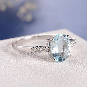 2ct Oval Cut Blue Aquamarine Round Accents Solitaire Ring 14k White Gold Finish