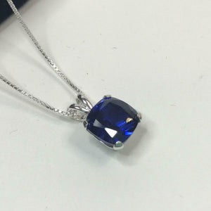 1.5ct Blue Sapphire Pendant Cushion Cut Solitaire 14k White Gold Finish NO CHAIN