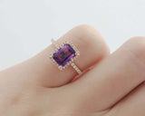 1.6ct Emerald Cut Purple Amethyst Engagement Ring Diamond Halo 14k RoseGold Over