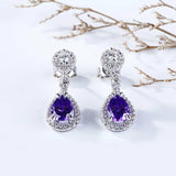 4Ct Pear Cut Purple Amethyst Diamond Halo Tear Drop Earrings 14K White Gold Over