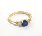 1ct Round Blue Sapphire Engagement Ring Pear Accent Trilogy 14k Yellow Gold Over