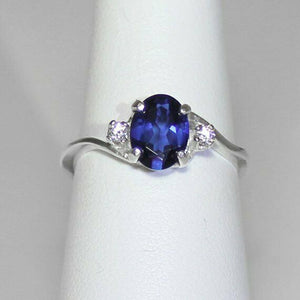 1ct Oval Cut Blue Sapphire Three Stone Engagement Ring 14k White Gold Finish