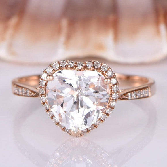 1.2ct Heart Cut Peach Morganite Halo Promise Engagement Ring 14k RoseGold Finish