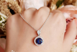 2ct Round Cut Blue Sapphire Halo Solitaire Pendant Chain 14k White Gold Finish