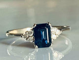 3ct Engagement Ring Emerald Cut Blue Sapphire Diamond Petite 14k White Gold Over